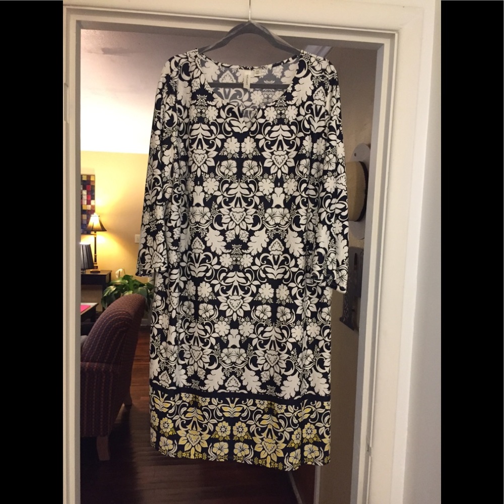 Navy/white/yellow border-print knit dress